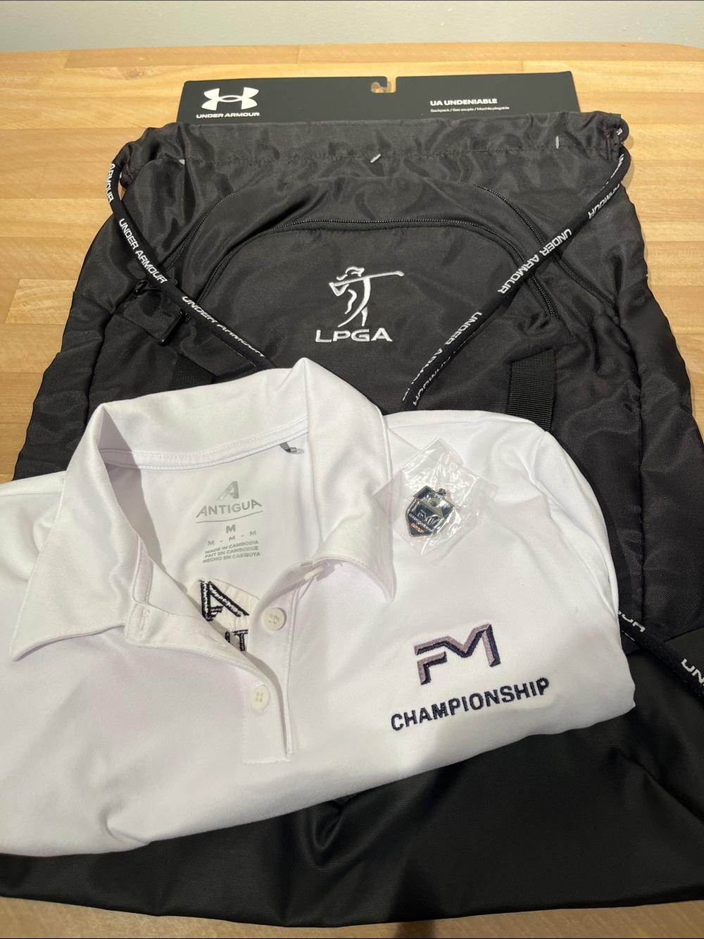 LPGA lot Antigua White Polo Shirt with FM Championship Logo,pin, backpack